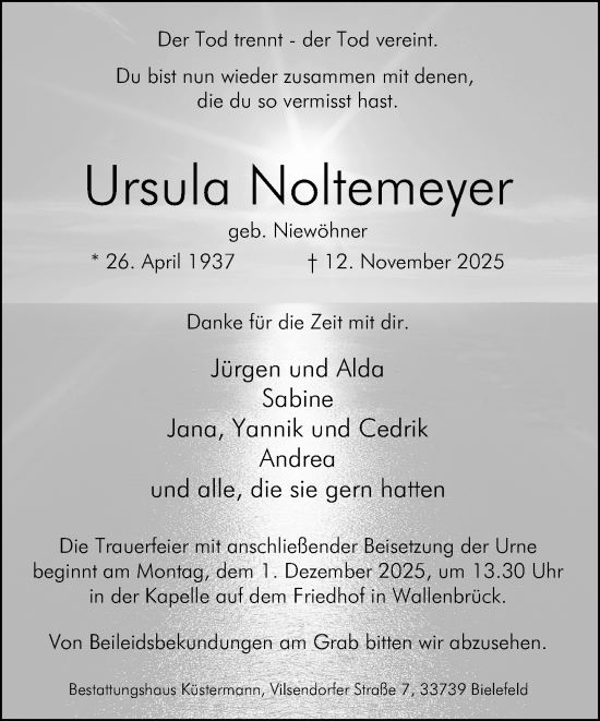 Traueranzeige von Ursula Noltemeyer von Neue Westfälische und Westfalen-Blatt