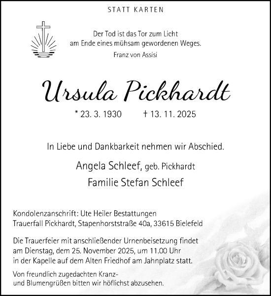 Traueranzeige von Ursula Pickhardt von Neue Westfälische und Westfalen-Blatt