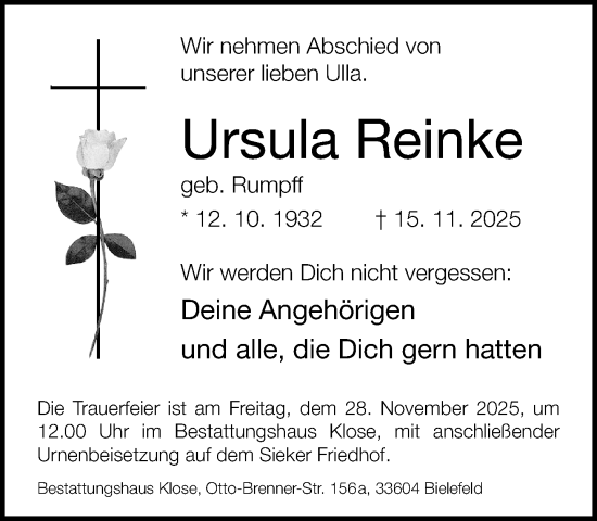 Traueranzeige von Ursula Reinke von Neue Westfälische und Westfalen-Blatt