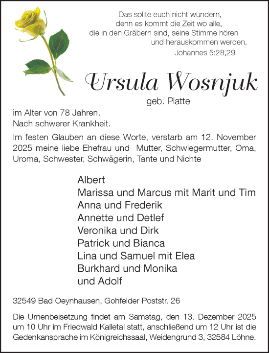 Traueranzeige von Ursula Wosnjuk von Neue Westfälische und Westfalen-Blatt