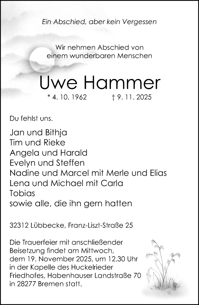  Traueranzeige für Uwe Hammer vom 14.11.2025 aus Neue Westfälische und Westfalen-Blatt
