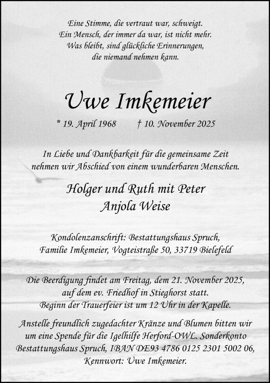 Traueranzeige von Uwe Imkemeier von Neue Westfälische und Westfalen-Blatt