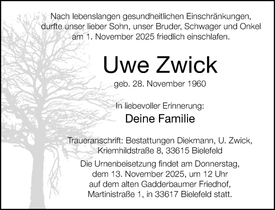 Traueranzeige von Uwe Zwick von Neue Westfälische und Westfalen-Blatt