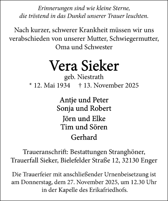 Traueranzeige von Vera Sieker von Neue Westfälische und Westfalen-Blatt