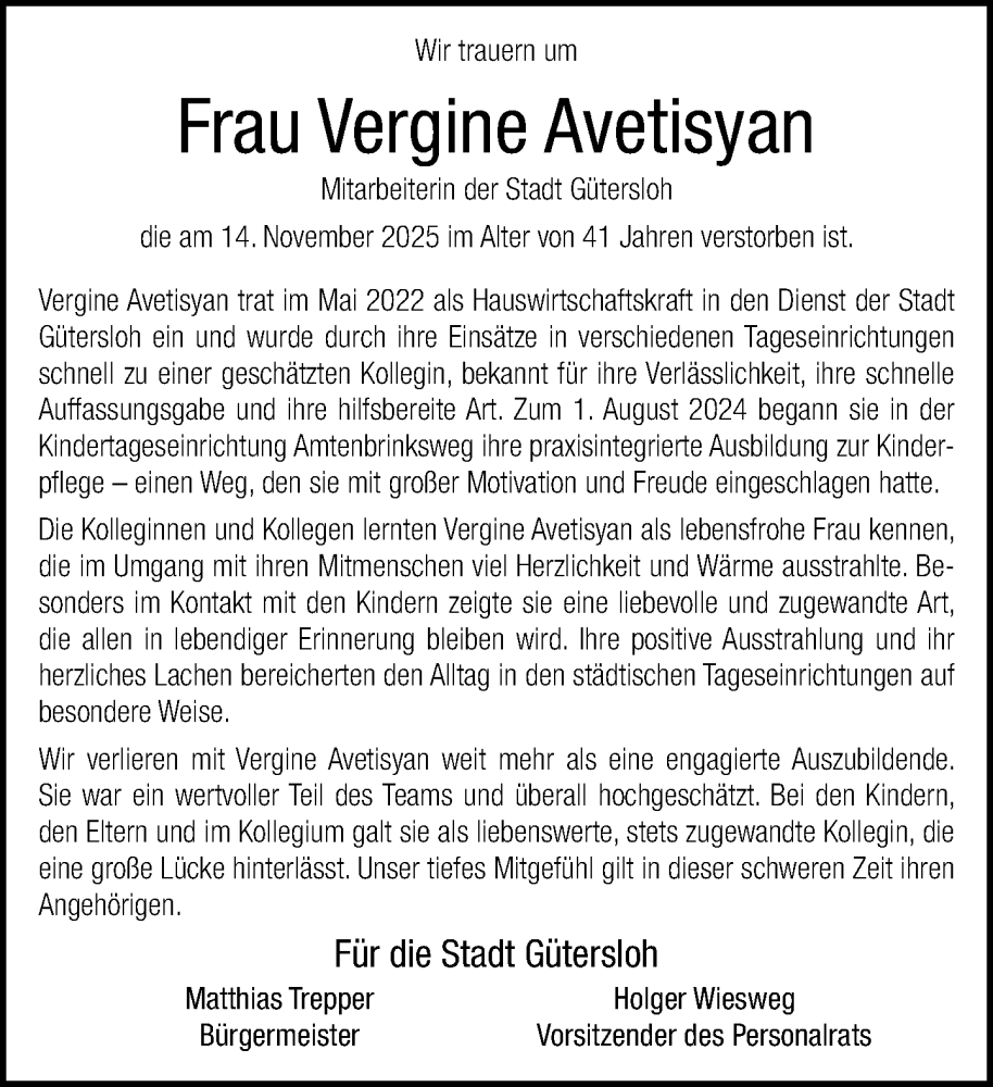  Traueranzeige für Vergine Avetisyan vom 22.11.2025 aus Neue Westfälische und Westfalen-Blatt