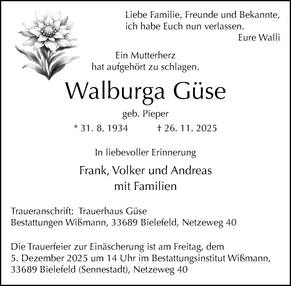  Traueranzeige für Walburga Güse vom 29.11.2025 aus Neue Westfälische und Westfalen-Blatt