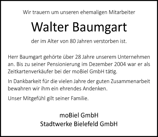 Traueranzeige von Walter Baumgart von Neue Westfälische und Westfalen-Blatt
