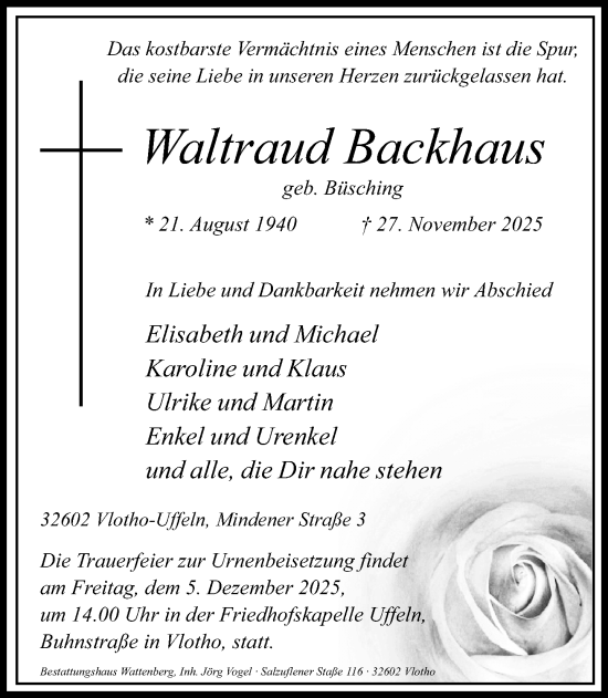 Traueranzeige von Waltraud Backhaus von Neue Westfälische und Westfalen-Blatt