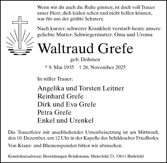 Traueranzeige von Waltraud Grefe von Neue Westfälische und Westfalen-Blatt