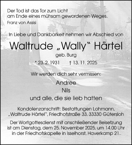 Traueranzeige von Waltrude Härtel von Neue Westfälische und Westfalen-Blatt