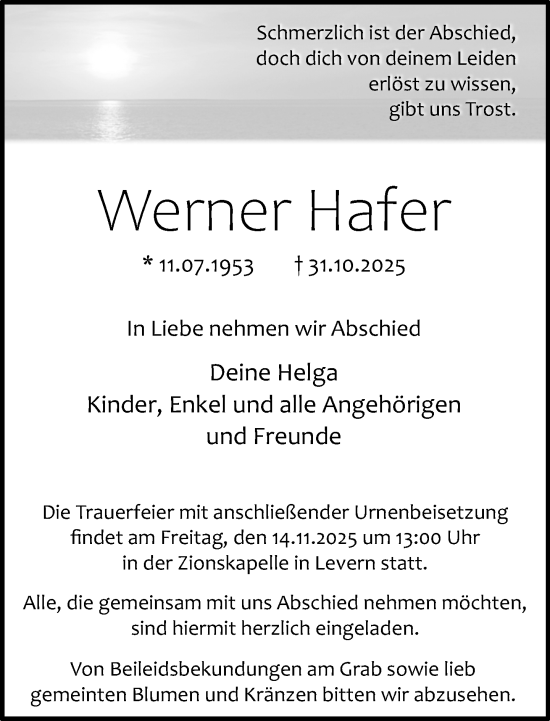 Traueranzeige von Werner Hafer von Neue Westfälische und Westfalen-Blatt