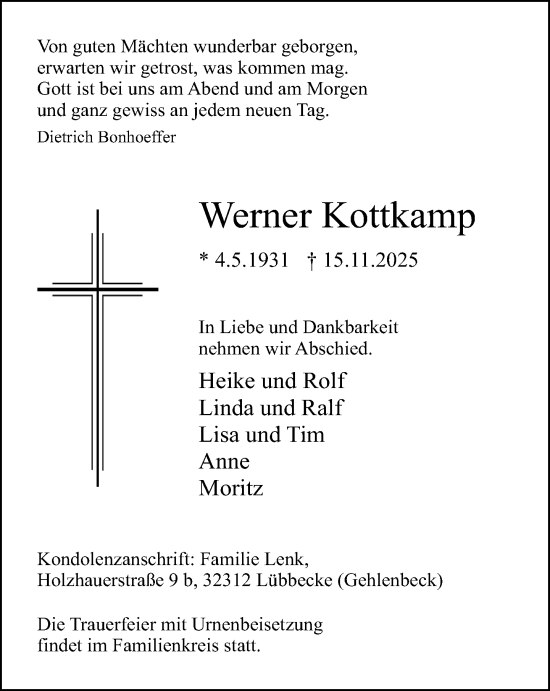 Traueranzeige von Werner Kottkamp von Neue Westfälische und Westfalen-Blatt