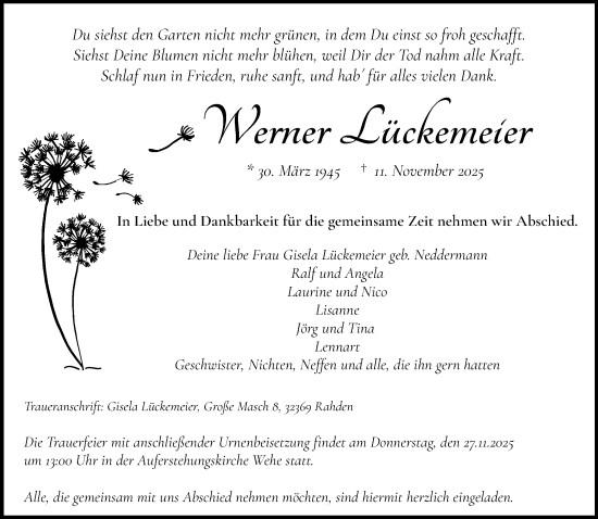 Traueranzeige von Werner Lückemeier von Neue Westfälische und Westfalen-Blatt