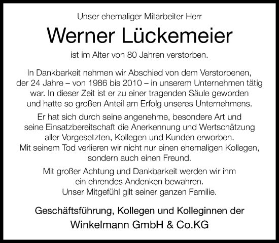Traueranzeige von Werner Lückemeier von Neue Westfälische und Westfalen-Blatt