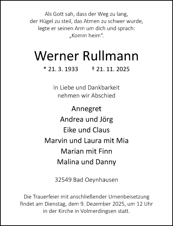 Traueranzeige von Werner Rullmann von Neue Westfälische und Westfalen-Blatt
