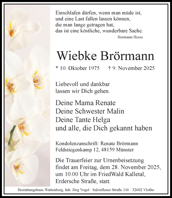 Traueranzeige von Wiebke Brörmann von Neue Westfälische und Westfalen-Blatt