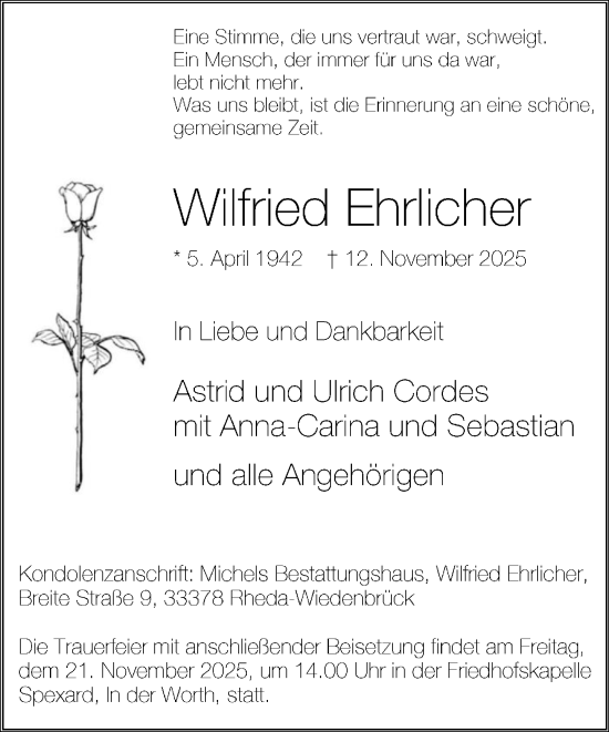 Traueranzeige von Wilfried Ehrlicher von Neue Westfälische und Westfalen-Blatt