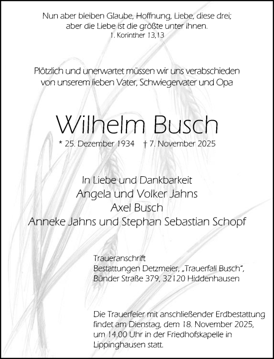 Traueranzeige von Wilhelm Busch von Neue Westfälische und Westfalen-Blatt