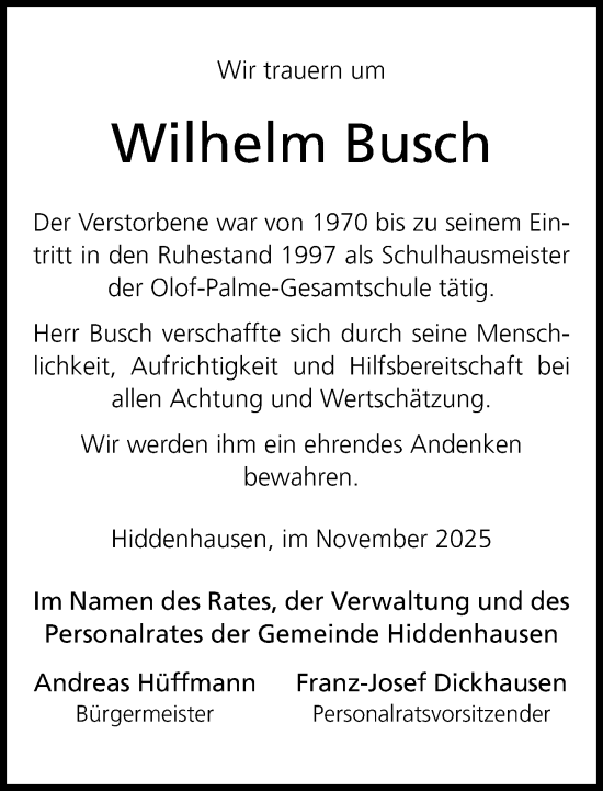 Traueranzeige von Wilhelm Busch von Neue Westfälische und Westfalen-Blatt