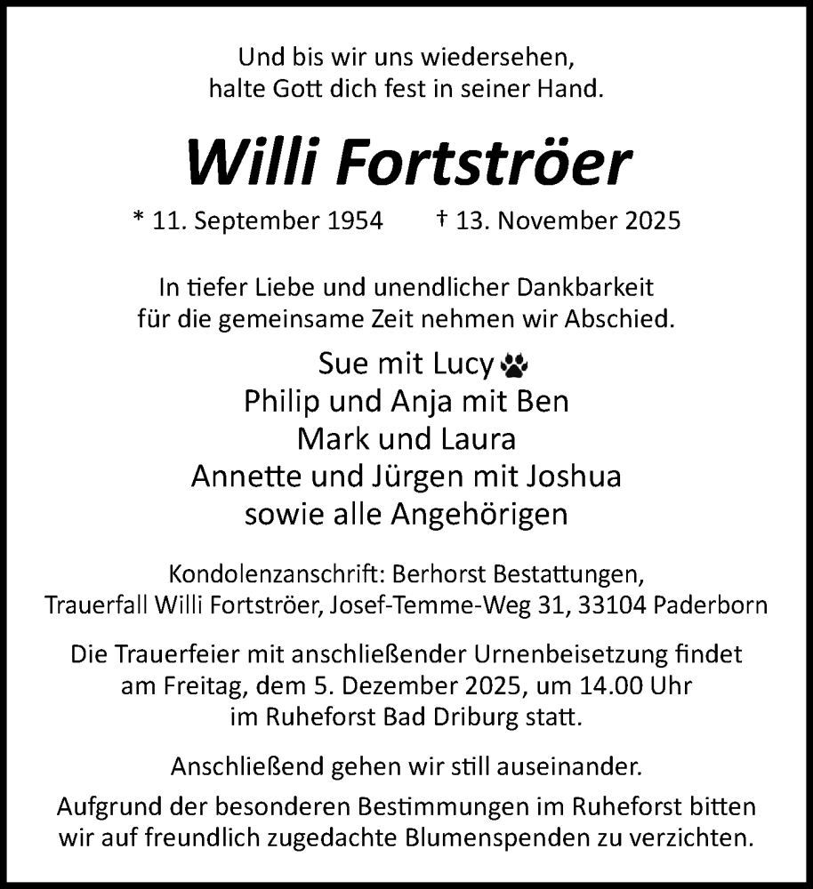  Traueranzeige für Willi Fortströer vom 22.11.2025 aus Neue Westfälische und Westfalen-Blatt