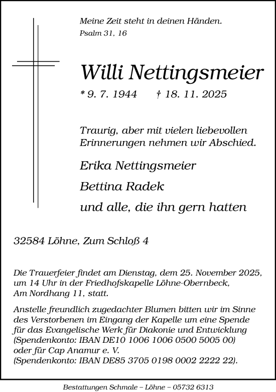 Traueranzeige von Willi Nettingsmeier von Neue Westfälische und Westfalen-Blatt