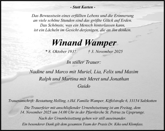 Traueranzeige von Winand Wamper von Neue Westfälische und Westfalen-Blatt