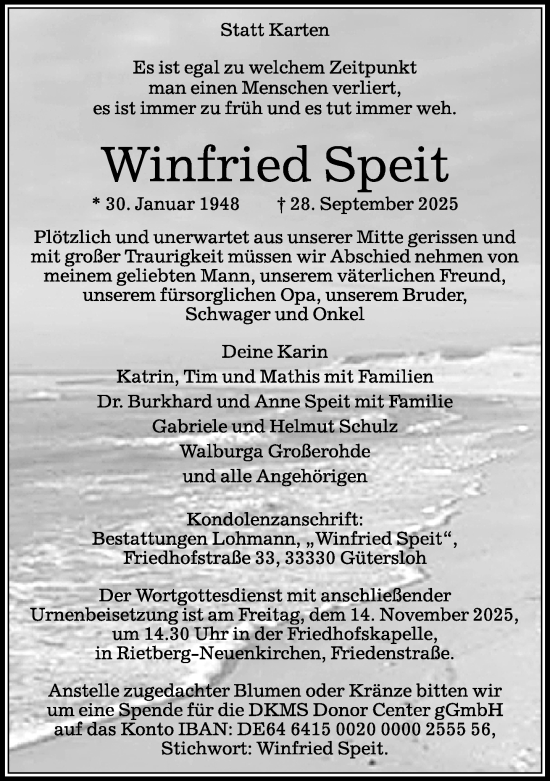 Traueranzeige von Winfried Speit von Neue Westfälische und Westfalen-Blatt