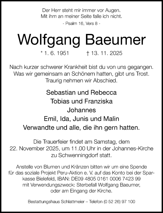 Traueranzeige von Wolfgang Baeumer von Neue Westfälische und Westfalen-Blatt