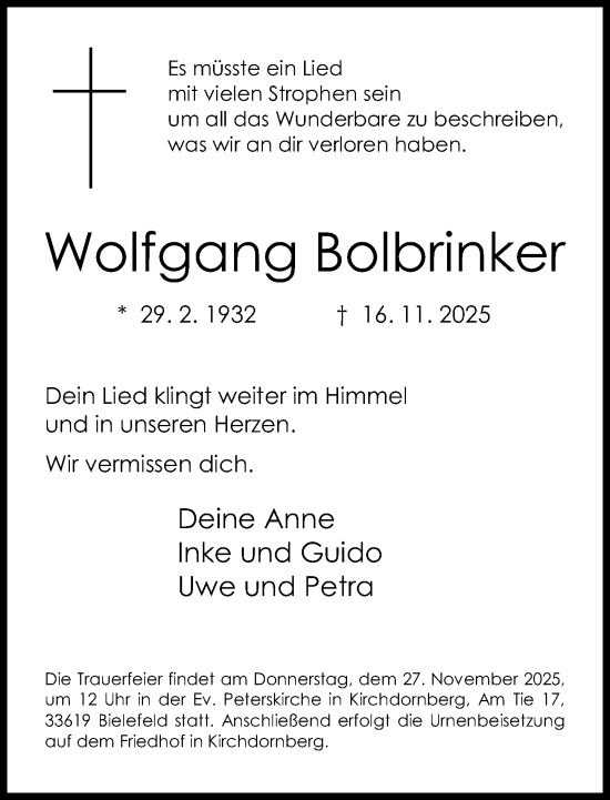 Traueranzeige von Wolfgang Bolbrinker von Neue Westfälische und Westfalen-Blatt