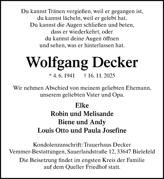 Traueranzeige von Wolfgang Decker von Neue Westfälische und Westfalen-Blatt