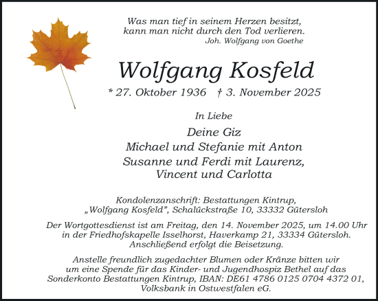 Traueranzeige von Wolfgang Kosfeld von Neue Westfälische und Westfalen-Blatt