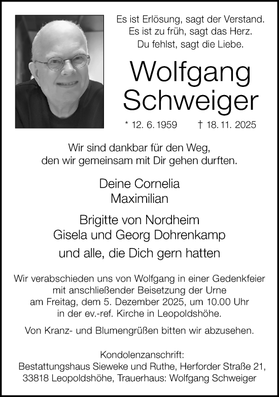 Traueranzeige von Wolfgang Schweiger von Neue Westfälische und Westfalen-Blatt