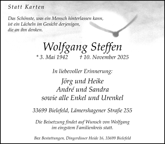 Traueranzeige von Wolfgang Steffen von Neue Westfälische und Westfalen-Blatt