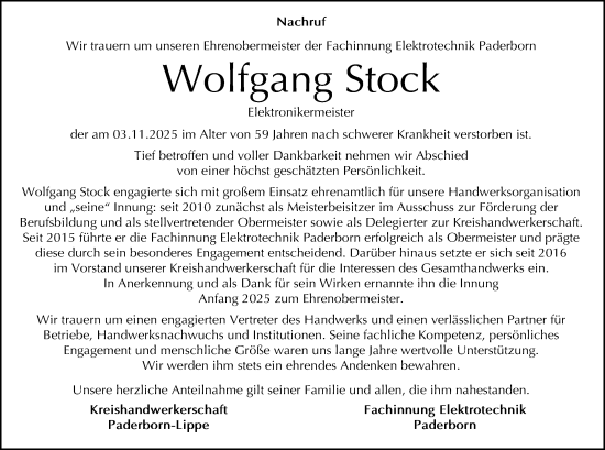 Traueranzeige von Wolfgang Stock von Neue Westfälische und Westfalen-Blatt