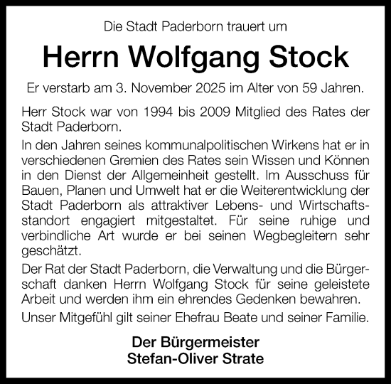 Traueranzeige von Wolfgang Stock von Neue Westfälische und Westfalen-Blatt