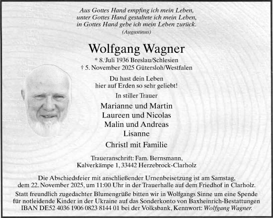 Traueranzeige von Wolfgang Wagner von Neue Westfälische und Westfalen-Blatt