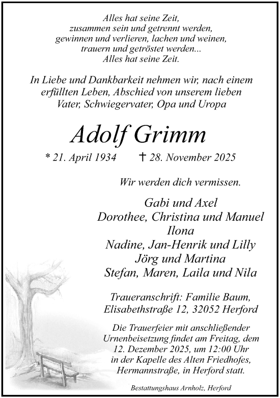 Traueranzeige von Adolf Grimm von Neue Westfälische und Westfalen-Blatt
