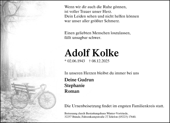 Traueranzeige von Adolf Kolke von Neue Westfälische und Westfalen-Blatt