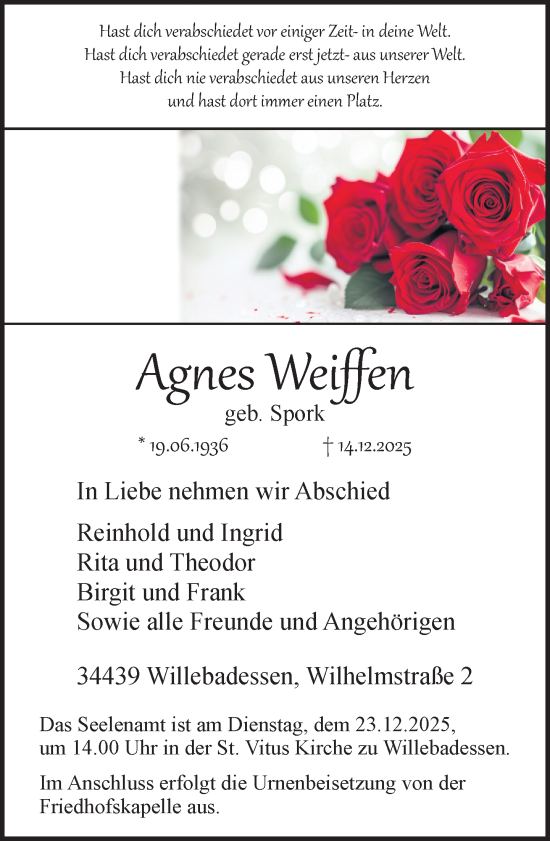 Traueranzeige von Agnes Weiffen von Neue Westfälische und Westfalen-Blatt