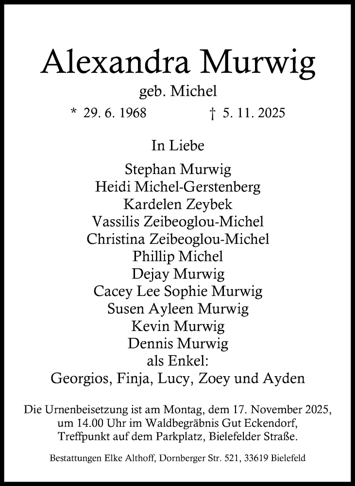  Traueranzeige für Alexandra Murwig vom 12.11.2025 aus Neue Westfälische und Westfalen-Blatt