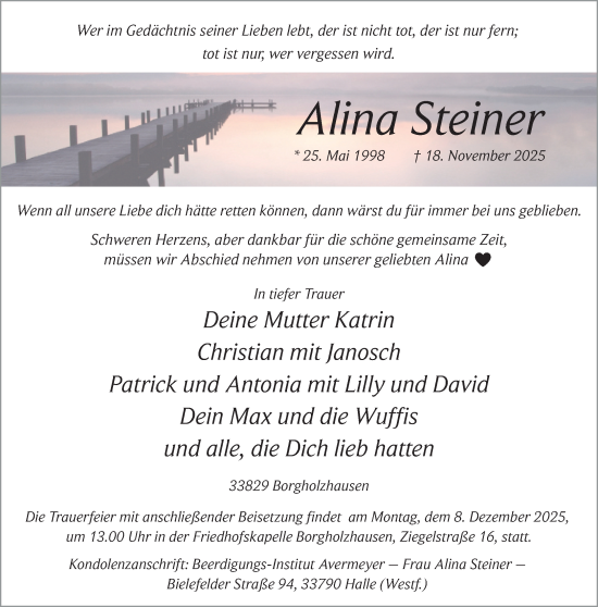Traueranzeige von Alina Steiner von Neue Westfälische und Westfalen-Blatt