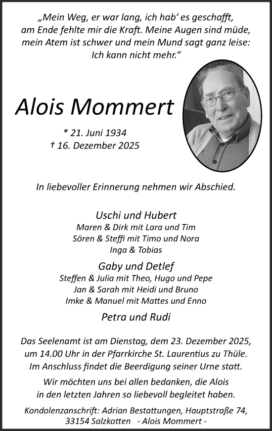 Traueranzeige von Alois Mommert von Neue Westfälische und Westfalen-Blatt