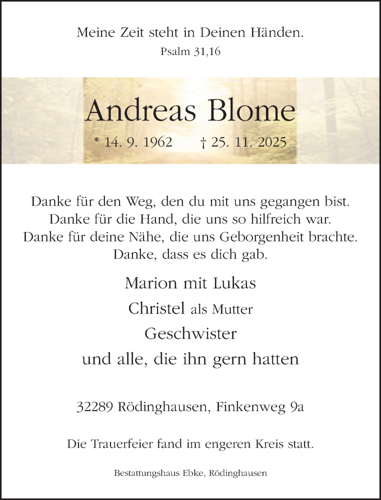  Traueranzeige für Andreas Blome vom 06.12.2025 aus Neue Westfälische und Westfalen-Blatt
