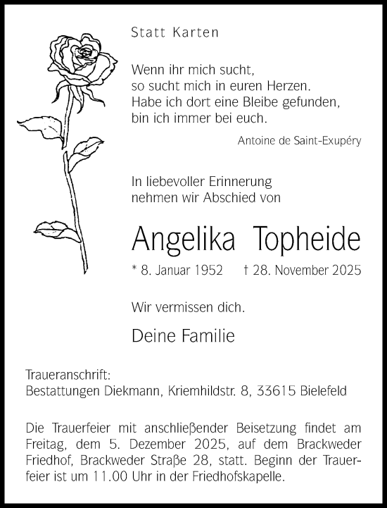 Traueranzeige von Angelika Topheide von Neue Westfälische und Westfalen-Blatt