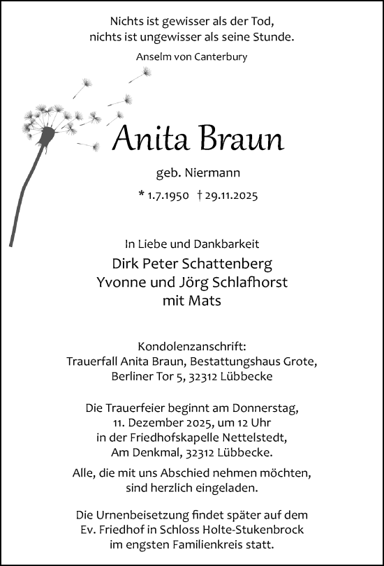 Traueranzeige von Anita Braun von Neue Westfälische und Westfalen-Blatt
