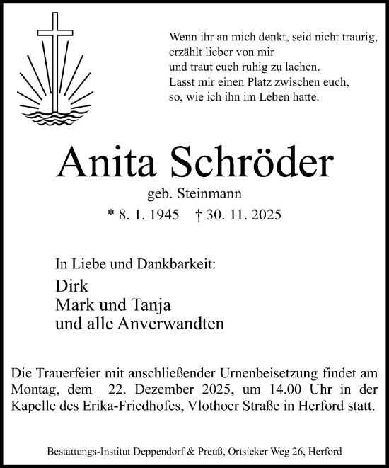 Traueranzeige von Anita Schröder von Neue Westfälische und Westfalen-Blatt