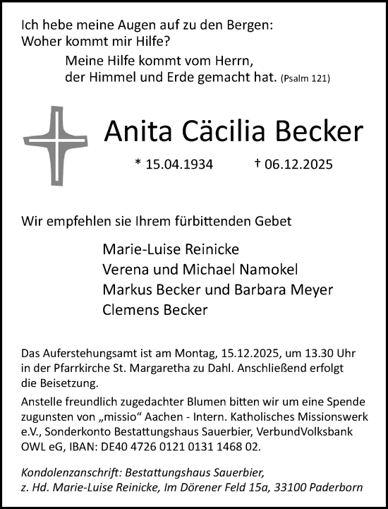 Traueranzeige von Anita Cäcilia Becker von Neue Westfälische und Westfalen-Blatt