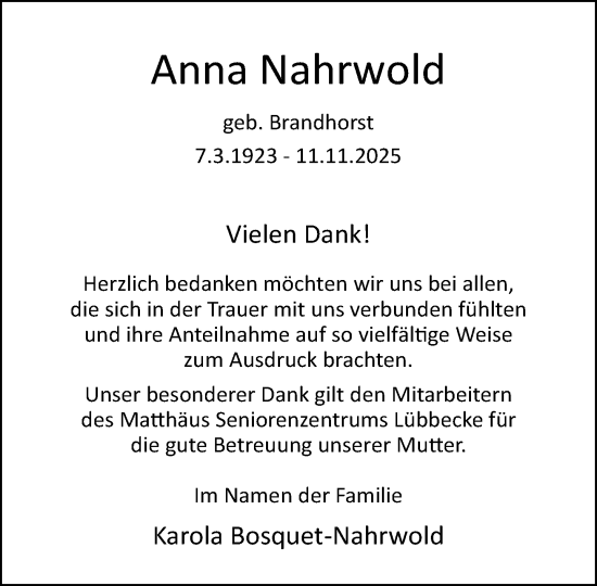 Traueranzeige von Anna Nahrwold von Neue Westfälische und Westfalen-Blatt