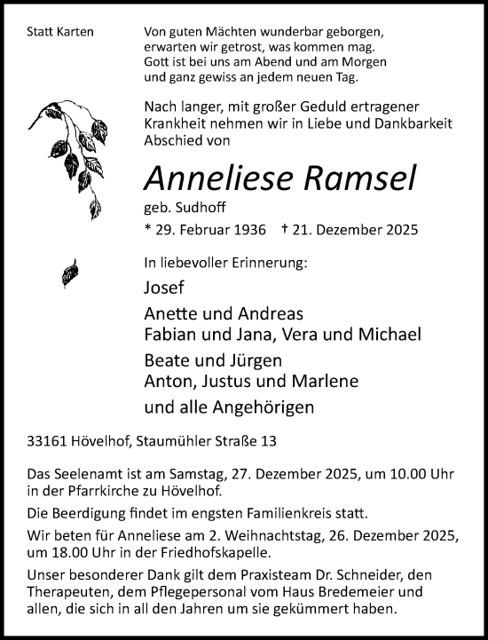 Traueranzeige von Anneliese Ramsel von Neue Westfälische und Westfalen-Blatt