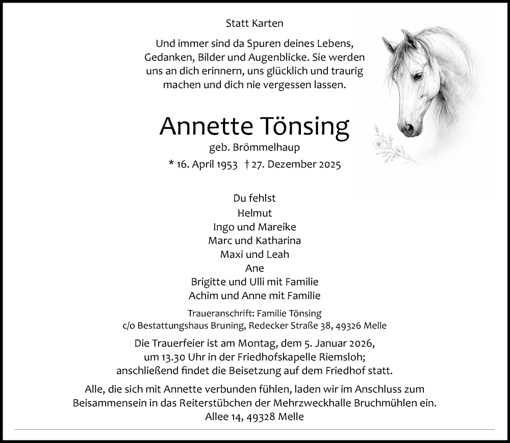  Traueranzeige für Annette Tönsing vom 31.12.2025 aus Neue Westfälische und Westfalen-Blatt